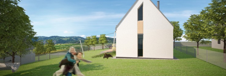 Návrh malebného rodinného domu so sedlovou strechou z titanzinku. Biela štítová stena s úzkym pásom okien.
