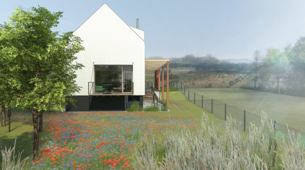 Rodinný dom stojí na menšej parcele s úchvatným výhľadom z kopca nad Devínom. Jednoduchý tvar zapadol nenásilne do prostredia
