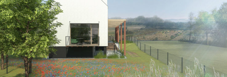 Rodinný dom stojí na menšej parcele s úchvatným výhľadom z kopca nad Devínom. Jednoduchý tvar zapadol nenásilne do prostredia