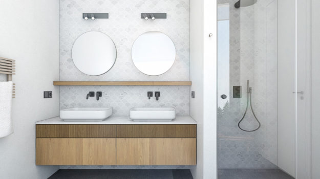 Luxusný návrh kúpelne so sprchovacím kútom a dubovou umývadlovou skrinkou navrhnutou pre 2 položené umývadlá.
