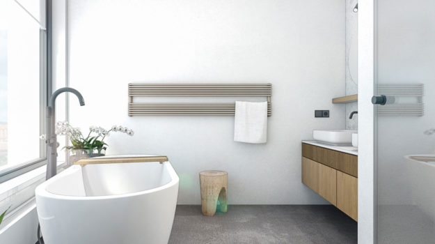 Trendový návrh kúpelne s voľne stojacou vaňou a dubovou umývadlovou skrinkou navrhnutou pre 2 umývadlá.