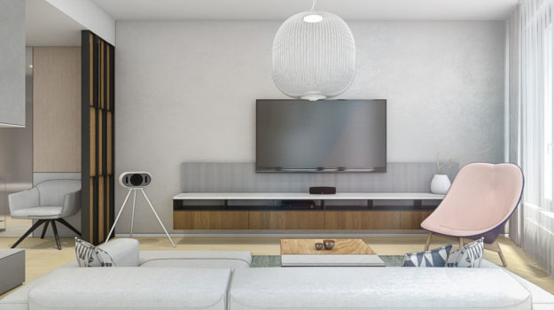 Exkluzívna obývačka v novostavbe od architektov. Minimalistická TV stena v kombinácii dubovej dýhy, kameňa a čiernych detailov.
