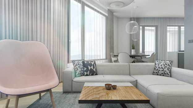 Exkluzívny návrh obývacej izby v Skyparku od šikovných architektov. Cítiť z neho eleganciu, útulnosť a pohodlie.