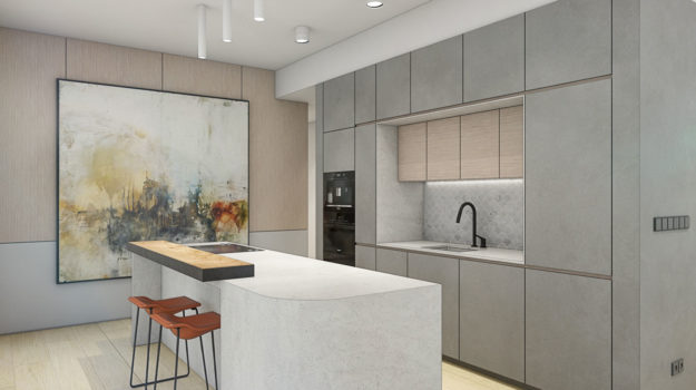 Top návrh kuchyne v odtieňoch sivej, s dubovou podlahou a červenými stoličkami. Interiéru dominuje abstraktný obraz.