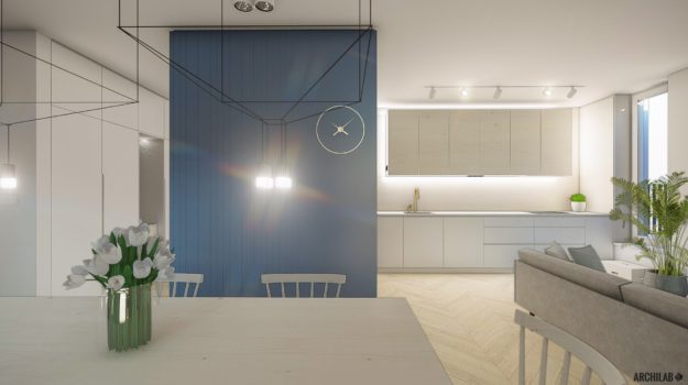 Navrh a realizacia interieru v Slnecniciach s minimalistickou kuchynou a masivnou drevenou podlahou.