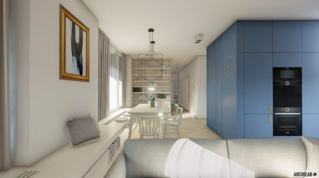 Navrh interieru bytu s cenovo pristupnym riesenim, dizajn s masivnym drevom a dominantnou modernou kuchynou.