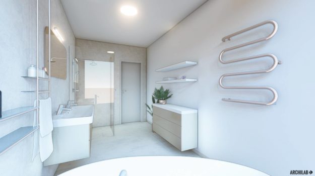 návrh luxusnej kúpeľne s dizajnovým radiátorom