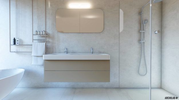 dizajn luxusnej kúpeľne s kamennou dlažbou, s dvojitým umývadlom, vaňou a sprchou