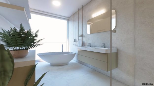 dizajn luxusnej kúpeľne s veľkoformátovou dlažbou a voľne stojacou vaňou
