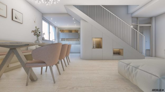 dizajn kuchyne s jedálňou spojenej s obývacou izbou a schodiskom