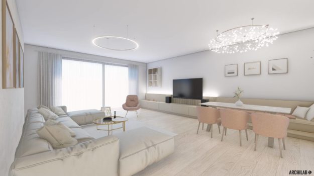 moderná obývacia izba od architekta prepojená s romantickou jedálňou a ružovými stoličkami