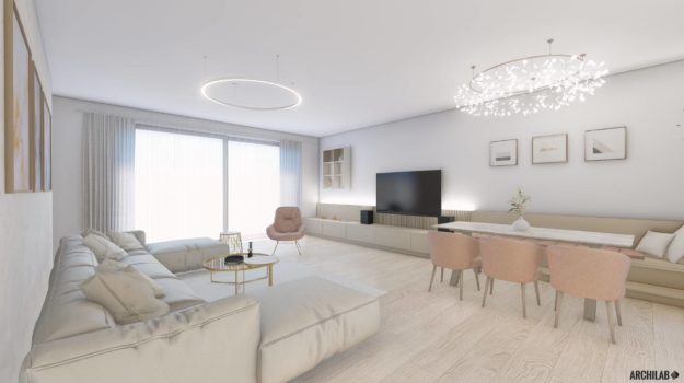 moderná obývacia izba od architekta prepojená s romantickou jedálňou a ružovými stoličkami