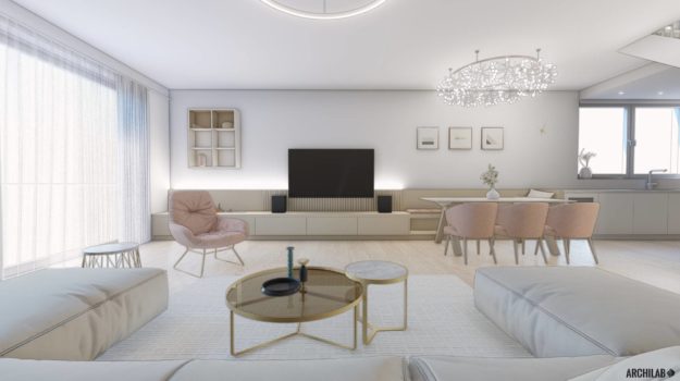 návrh luxusného interiéru s romantickým nádychom, obývacia izba spojená s jedálňou a kuchyňou