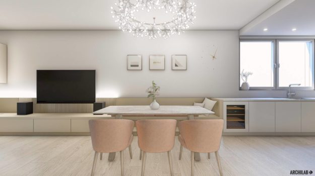 návrh moderného romantického interiéru, jedáleň so štýlovým svietidlom