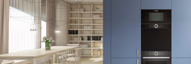 Interiérový dizajnér navrhol v Slnečniciach moderný byt so štýlovou modrou kuchyňou a drevenou knižnicou.