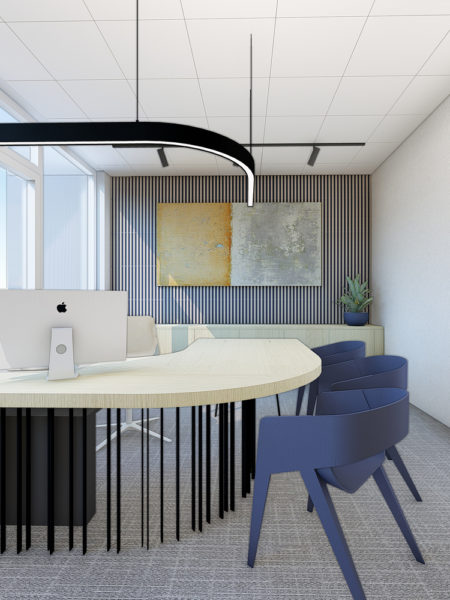 Interiér kancelárskych priestorov v objekte Omnia vytvára funkčné, inšpiratívne a moderné pracovné prostredie.
