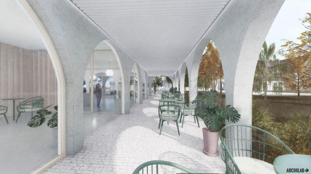 Návrh hotela v Stupave od architektov z Bratislavy, terasa reštaurácie je prestrešená arkádovou prístavbou.