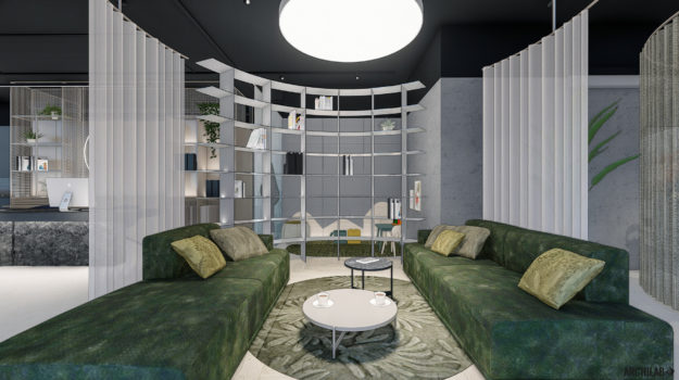 návrh interiéru predajne dizajnového sedacieho nábytku v Urban Residence s knižnicou a zelenou sedačkou
