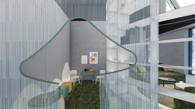 návrh interiéru predajne dizajnového sedacieho nábytku v Urban Residence s krásnym detským kútikom
