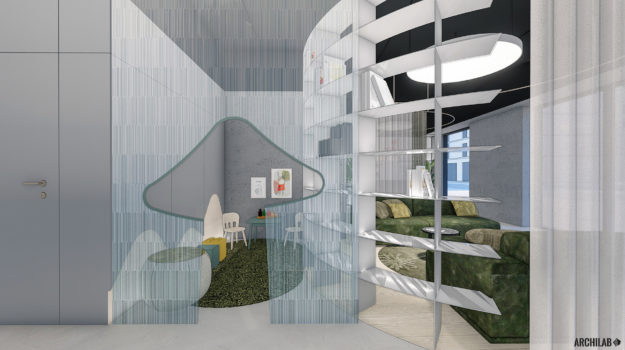 návrh interiéru predajne dizajnového sedacieho nábytku v Urban Residence s krásnym detským kútikom