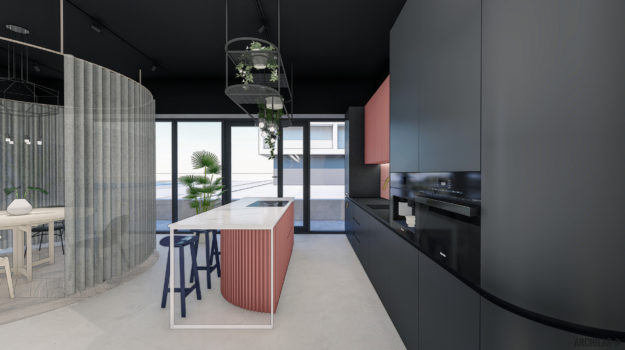 návrh interiéru komerčného priestoru v Urban Residence s čiernou kuchyňou a polkruhovým dizajnovým ostrovom.