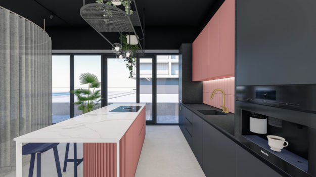 návrh interiéru obchodného priestoru v Bratislave, moderná kuchyňa v čierno-červenej kombinácii