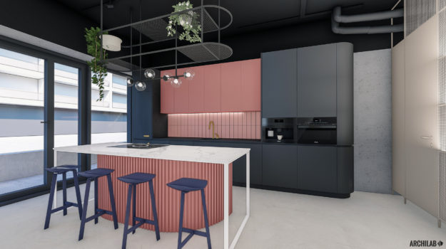 návrh kuchyne v obchodnom priestore v Urban residence v čierno-ružovej farebnej kombinácii
