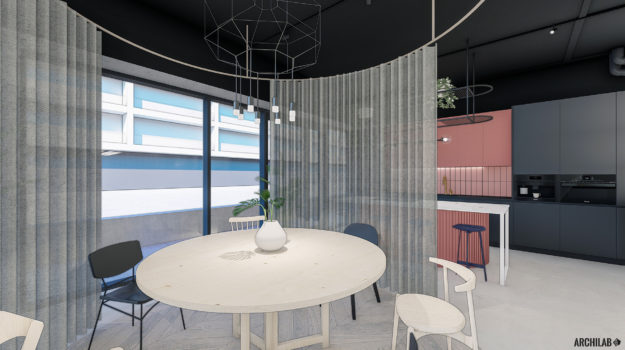 štýlový návrh interiéru komerčného priestoru v Urban Residence s dizajnovým sedacím nábytkom a doplnkami