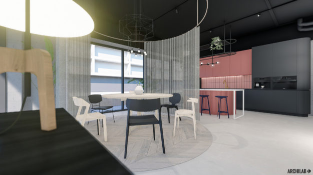 štýlový návrh interiéru komerčného priestoru v Urban Residence s dizajnovým sedacím nábytkom a doplnkami