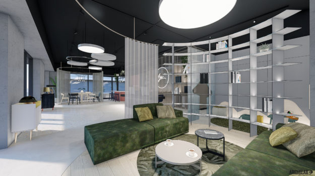interiér predajne s dizajnovým sedacím nábytkom v Urban Residence, od architektov z Bratislavy