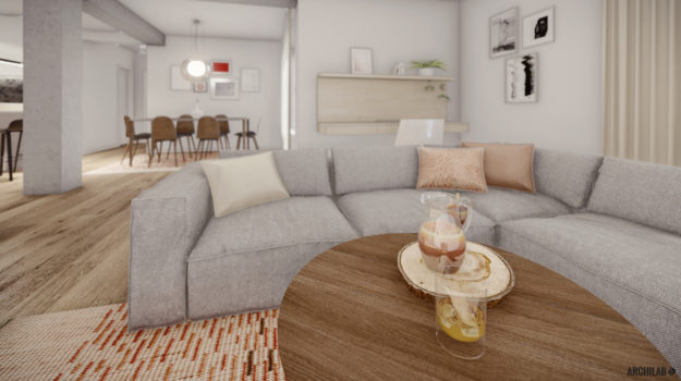 Návrh obývačky so sivou sedačkou a nadčasovým dizajnom..