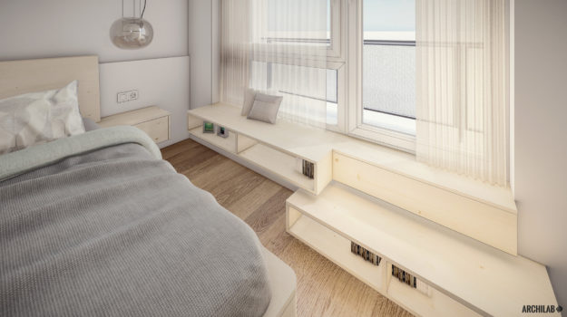 Návrh spálne v minimalistickom dizajne. Drevená masívna posteľ a visiace sklenené lampy.
