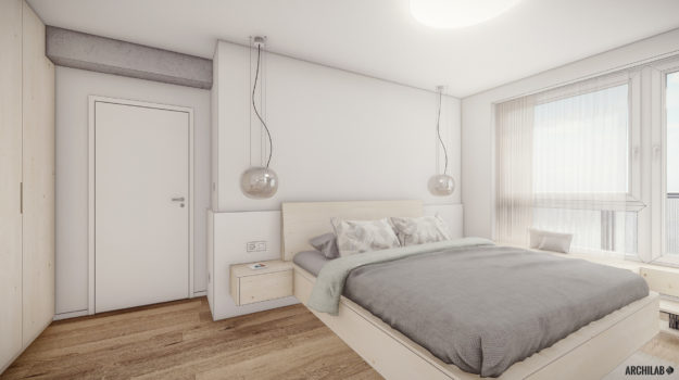 Návrh spálne v minimalistickom dizajne. Drevená masívna posteľ a visiace sklenené lampy.