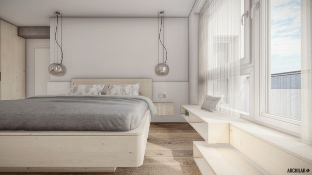 Návrh minimalistickej spálne s visiacimi sklenenými dizajnovými svietidlami.
