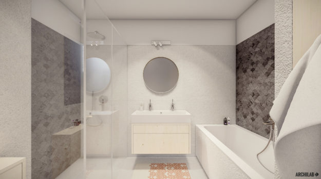Návrh kúpelne so sprchovacím kútom a vaňou. Marocká mozaika a betónový povrch obkladu.