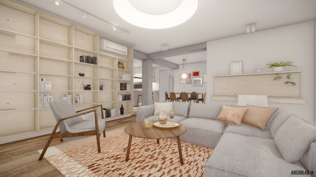 Návrh interiéru bytu v modernom dizajne s rohovou sedačkou v sivom poťahu.