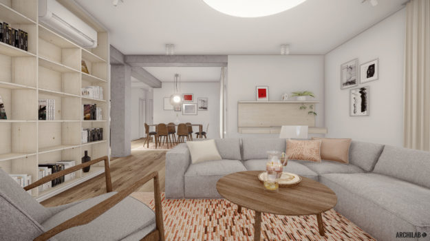Návrh interiéru v odtieňoch sivej v kombinácii s masívnym dreveným nábytkom a svetlosivou rohovou sedačkou.