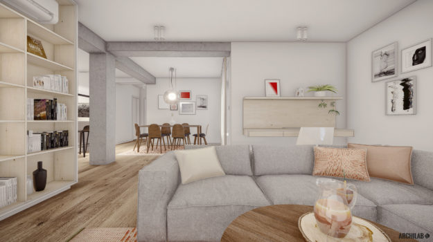 Návrh obývacej izby bytu so sivou sedačkou a drevenou podlahou.
