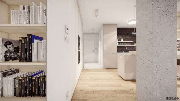 Interiér bytu od architekta. Minimalistický dizajn s betónovými stĺpmi, drevenou podlahou a bielym nábytkom s drevenou knižnicou.