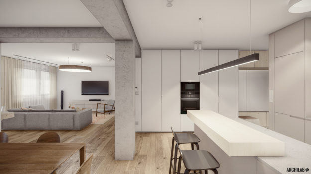Návrh minimalistického interiéru bytu. Betónové konštrukcie v kombinácii s drevenou podlahou. Kuchyňa s barovým sedením.