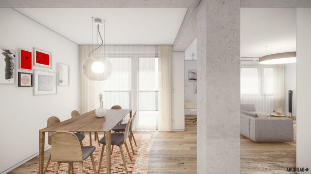 Návrh interiéru bytu v modernom dizajne s retro jedálňou.