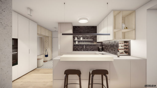Návrh modernej kuchyne v svetlosivej farebnosti s drevenou podlahou a čiernou mozaikou.
