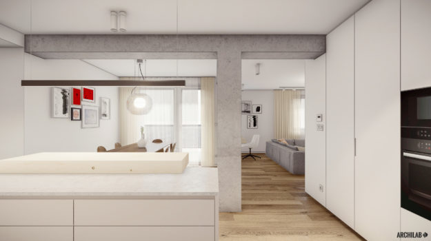 Šikovná rekonštrukcia bytu v Piešťanoch. Kombinácia betónových konštrukcií, drevenej podlahy a minimalistického dizajnu.