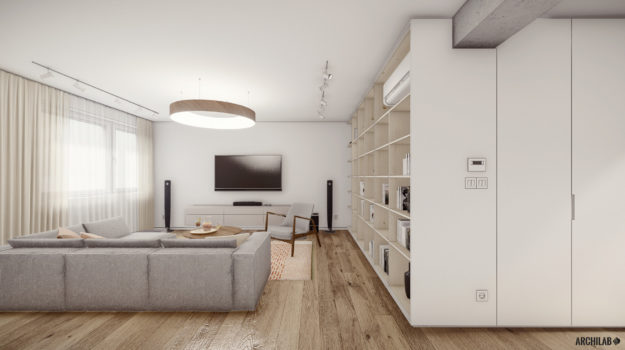 Návrh interiéru bytu. Moderná obývacia izba. Nadčasový dizajn s veľkou drevenou knižnicou.