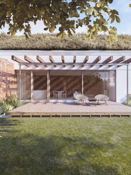 Návrh domu s dokonalou drevenou terasou a zelenou strechou.