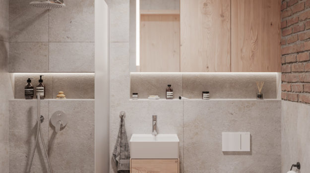 Návrh kúpelne so sprchovacím kútom. Nadčasová kúpeľňa v kombinácii dreva a betónu.