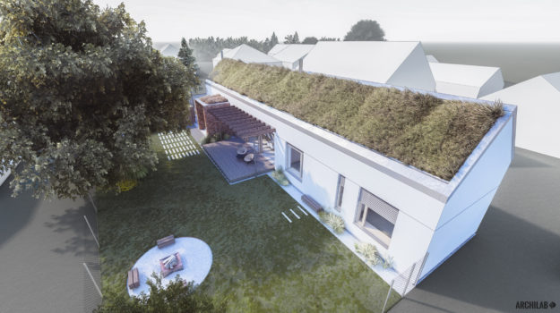 Návrh moderného domu vo vidieckom prostredí. Pohľad z nadhľadu.