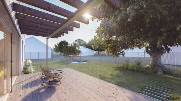 Návrh romantickej terasy s dreveným povrchom presklenou stenou.