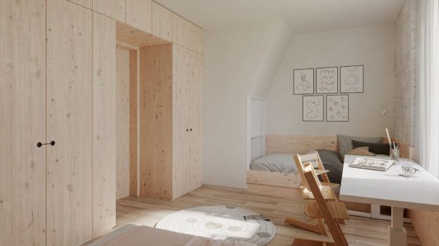 Návrh a realizácia detskej izby vo Veľkom Bieli. Moderné materiály v kombinácii s masívnym dreveným nábytkom.
