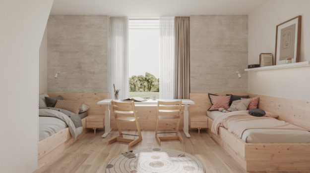 Interiérový návrh detskej izby v dome vo Veľkom Bieli. Masívny drevený nábytok je v príjemnom kontraste s betónovými stenami.